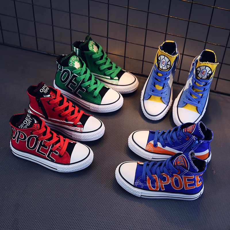 Giày vải canvas cổ cao in chữ màu đỏ trơn thời trang mùa xuân size 25-38 cho trẻ em