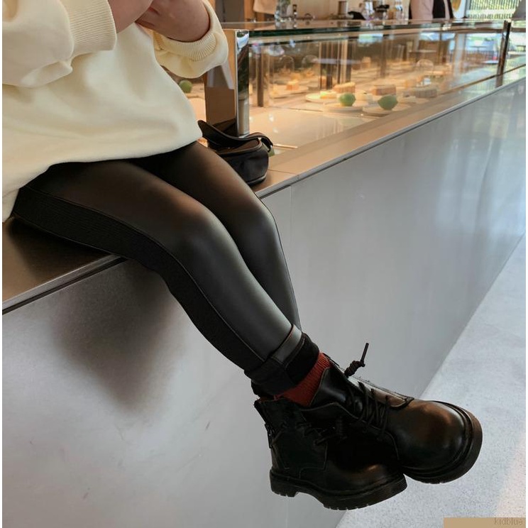Quần legging da PU lót lông cừu giữ ấm thời trang mùa đông năng động cho bé gái