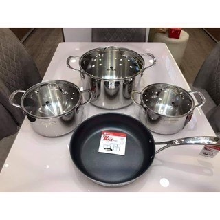 Bộ nồi chảo inox Elmich 3742 inox 304 trimax đáy liền nguyên khối 18CM, 20CM, 26CM chảo 26CM