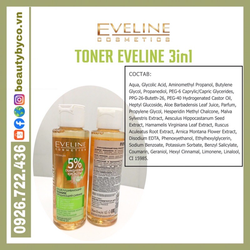 ( SẴN )Toner Eveline 5% Glycolic acid - Glycol Therapy làm căng bóng da, mờ thâm mụn