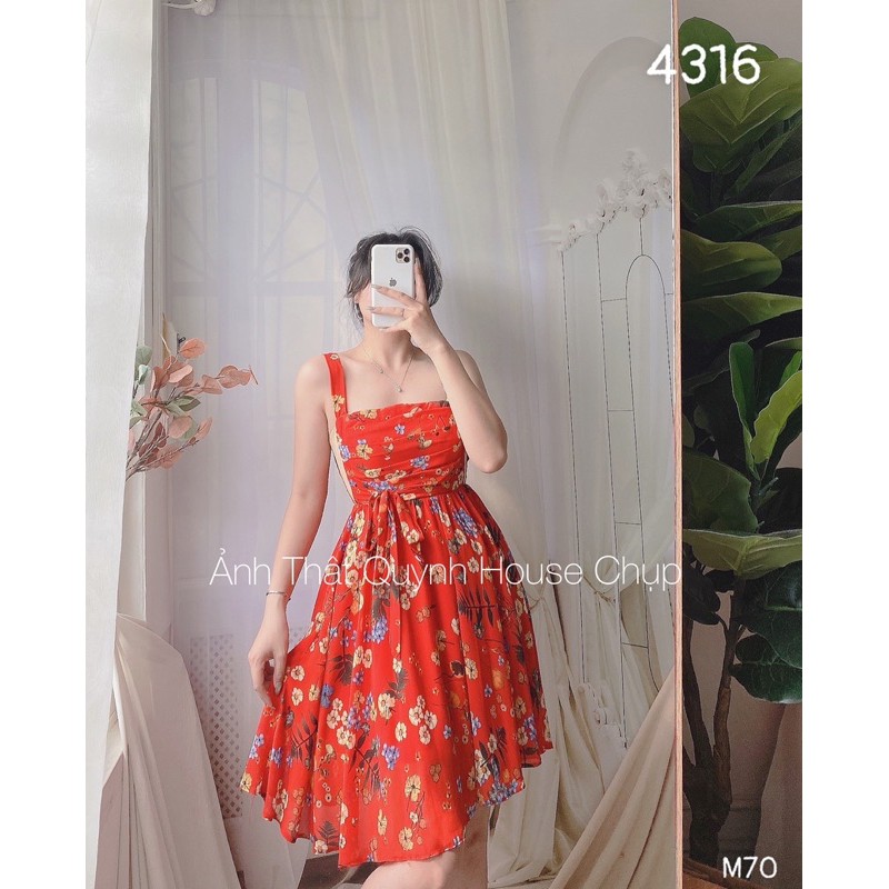 [ Ảnh thật shop chụp ] Đầm hoa họa tiết 2 dây phối lưới hông cột nơ eo🌸