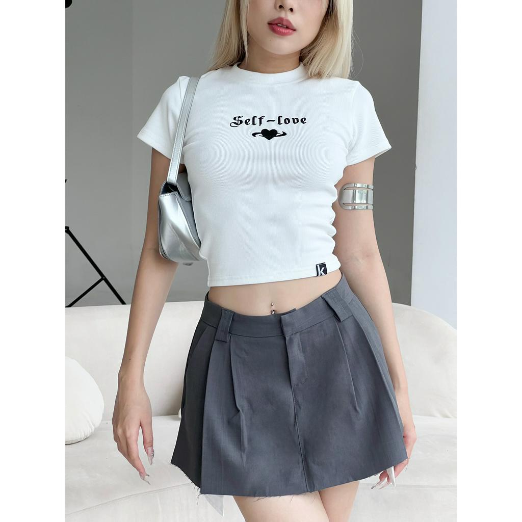 Chân váy ngắn cạp thấp xếp ly lộ túi  The Kim , đầm kaki chữ A lưng thấp CV172