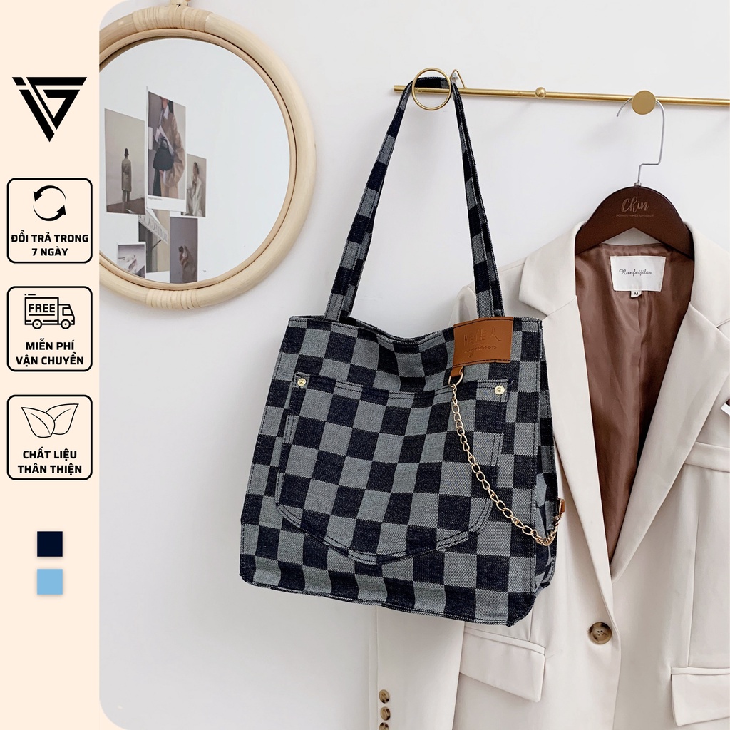 Túi tote đeo chéo nữ vải jean phong cách Ulzzang Hàn Quốc đi chơi, đi làm kẻ caro thời trang