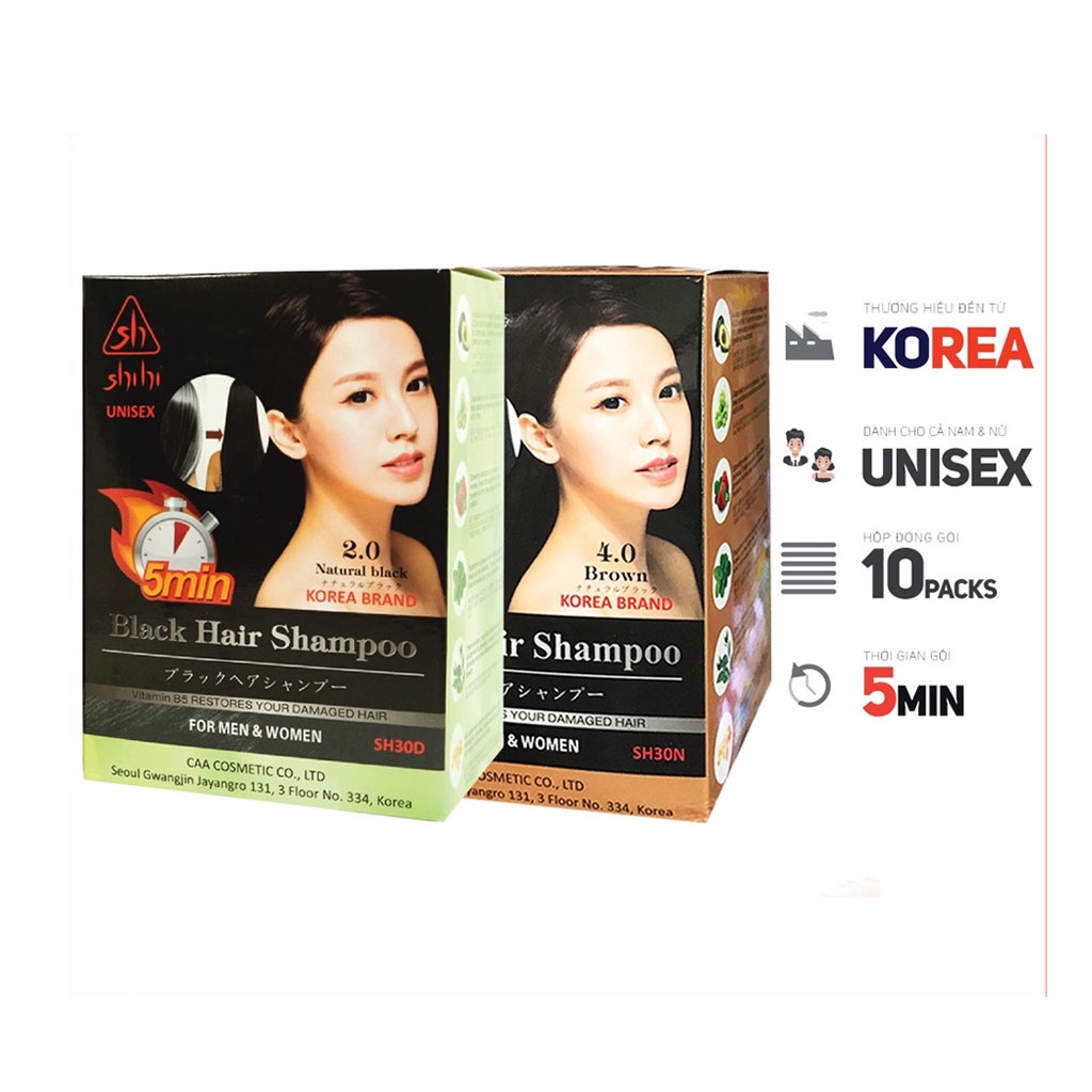 Hộp 10 gói Dầu gội phủ bạc đen mái tóc Shihi Black hair shampoo Hàn Quốc 300ml