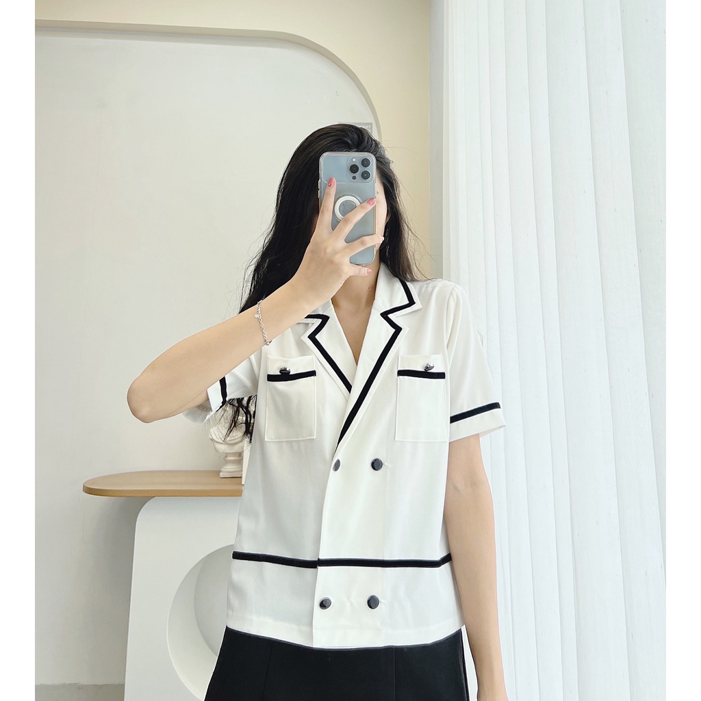 Áo Sơ Mi Công Sở Cách Điệu Minz Store, Thiết Kế Tay Cộc Giả Vest, Phối Viến Đen 4 Khuy