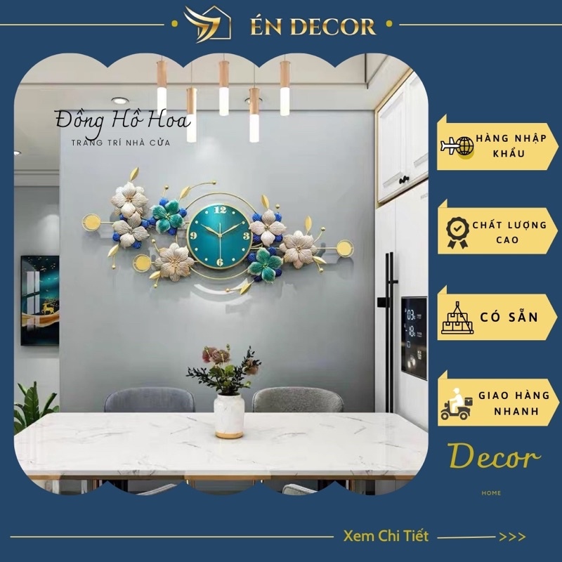 Đồng Hồ Treo Tường Trang Trí Hoa Xanh Cách Điệu MS: 525 Én Decor