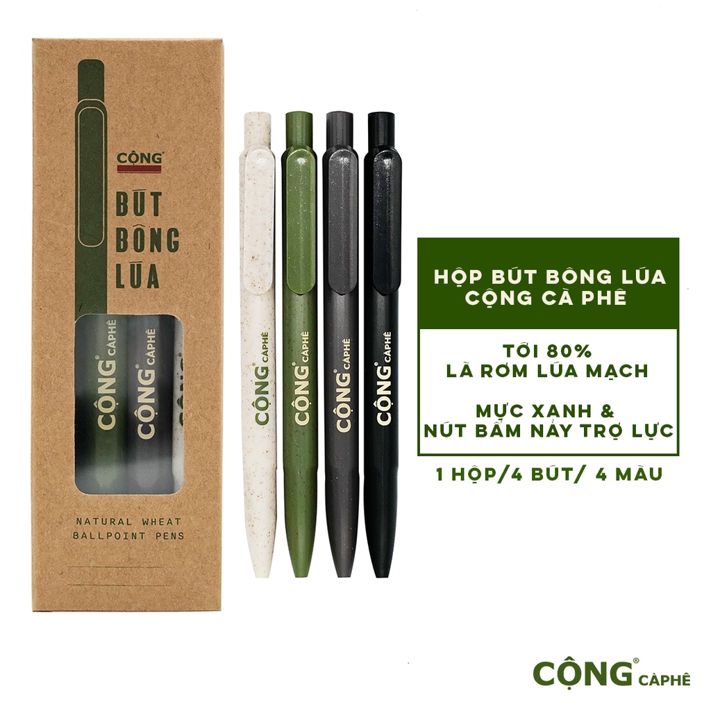 Hộp bút bi Cộng Cà Phê vỏ lúa mạch gồm 4 chiếc mực xanh vỏ màu ngẫu nhiên