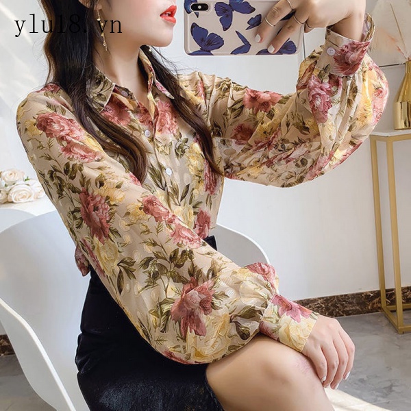 Áo Sơ Mi Chiffon Tay Phồng In Họa Tiết Hoa Phong Cách Retro Dành Cho Nữ