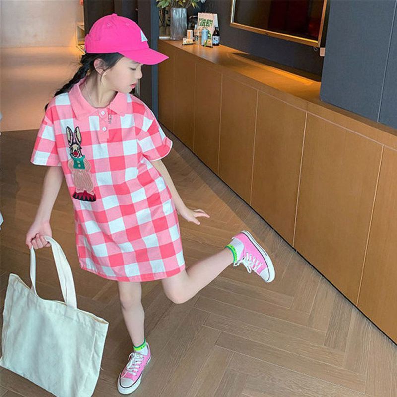 Đầm Công Chúa Mùa Hè Tay Cộc In Họa Tiết Caro Hoạt Hình Phong Cách Hàn Quốc Cho Bé Gái Se