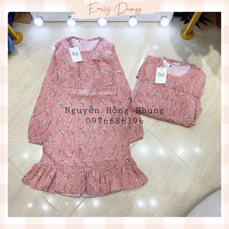 Váy dạ nhung hoa màu hồng Quảng Châu