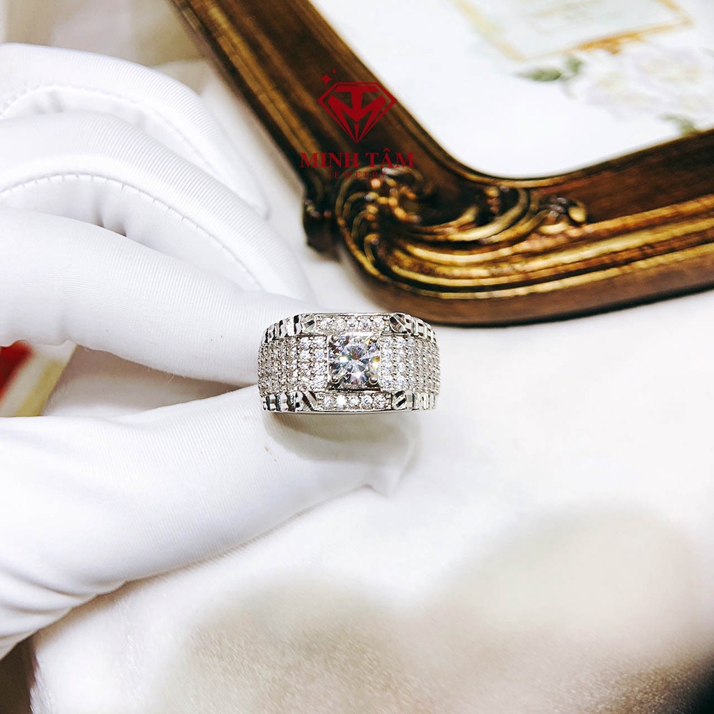 Nhẫn nam bạc xi kim bạc 950 đính đá viền xung quanh đá chủ 5 ly Minh Tâm Jewelry