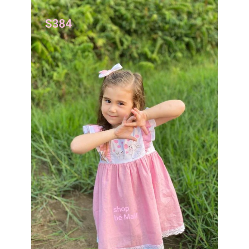 Đầm bé gái Oli River thêu thỏ hồng chất liệu linen-S384