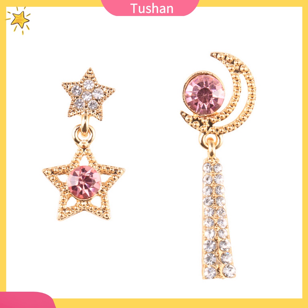 TUSH Women Rhinestone Moon Star Asymmetric Dangle Ear Stud Earrings Jewelry Gift