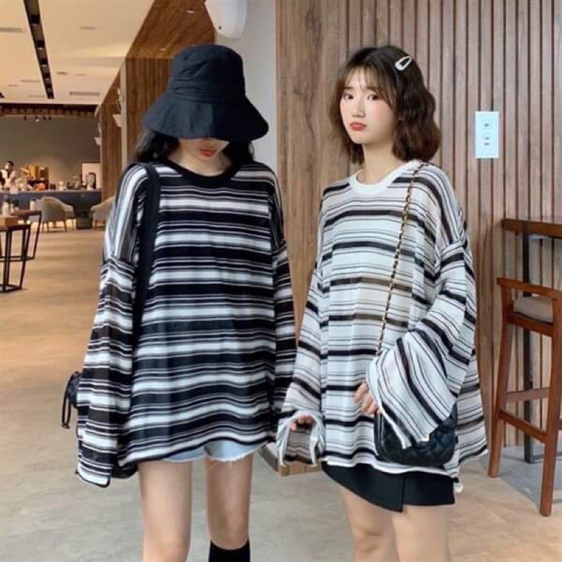 Áo Thun Kẻ To Ngang Dài Tay Hàn Quốc Form Rộng