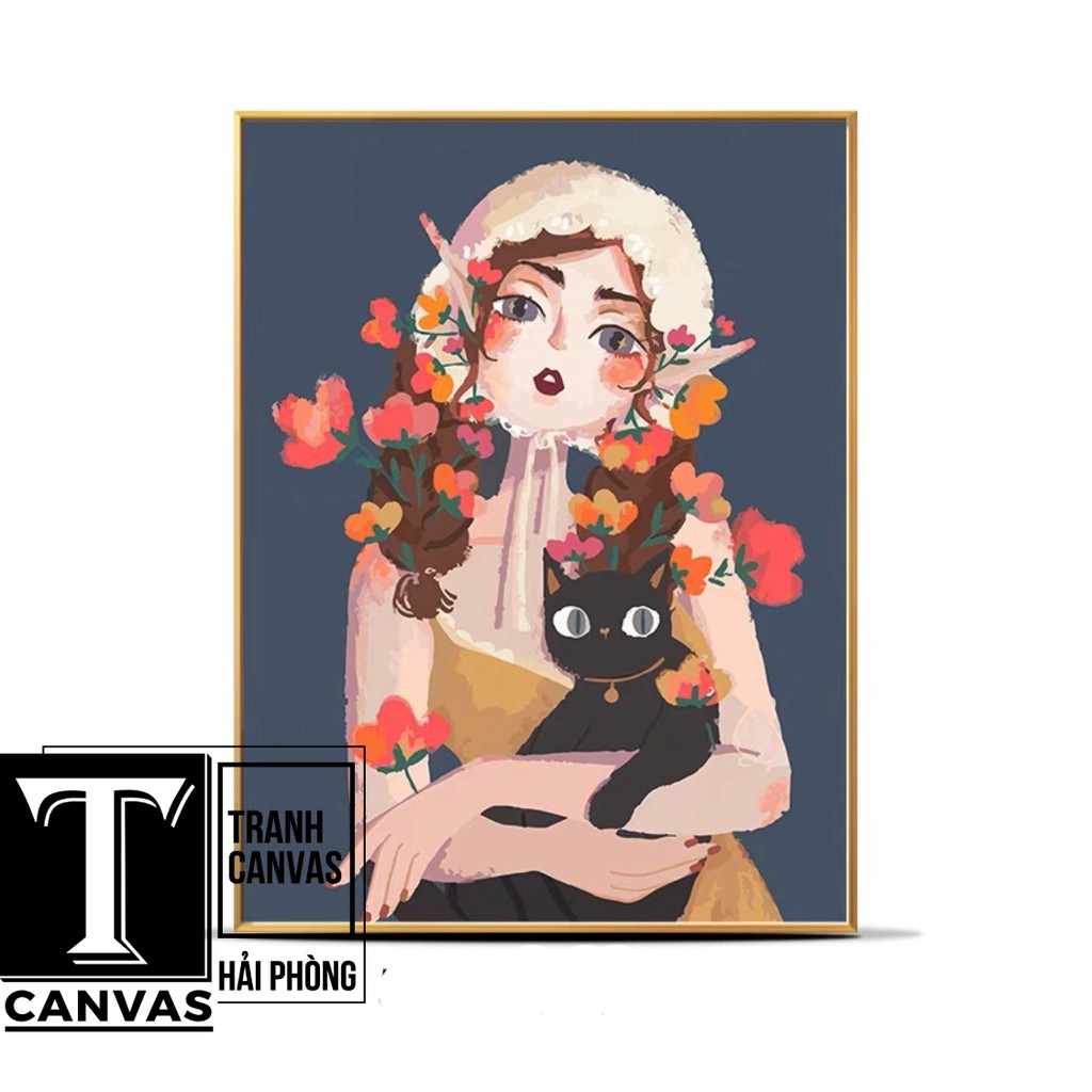 Tranh canvas treo tường phòng khách, tranh hiện đại nghệ thuật Cô gái cầm hoa CG85-93