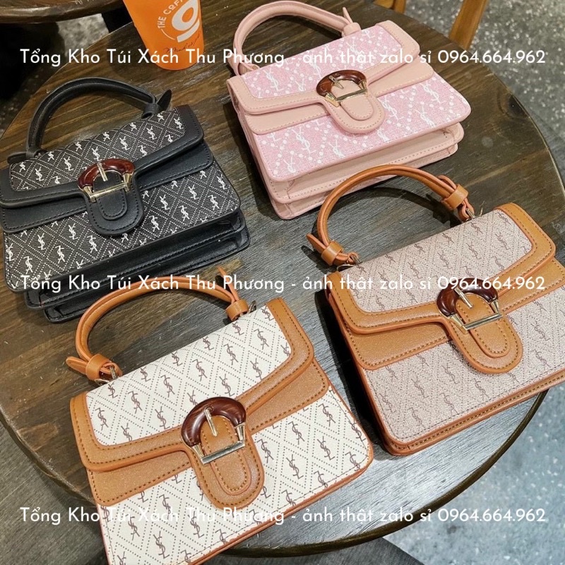 Túi quai xách dáng vuông đứng khoá móng ngựa in chữ kèm dây đeo chéo siêu sang chảnh (hàng loại 1)