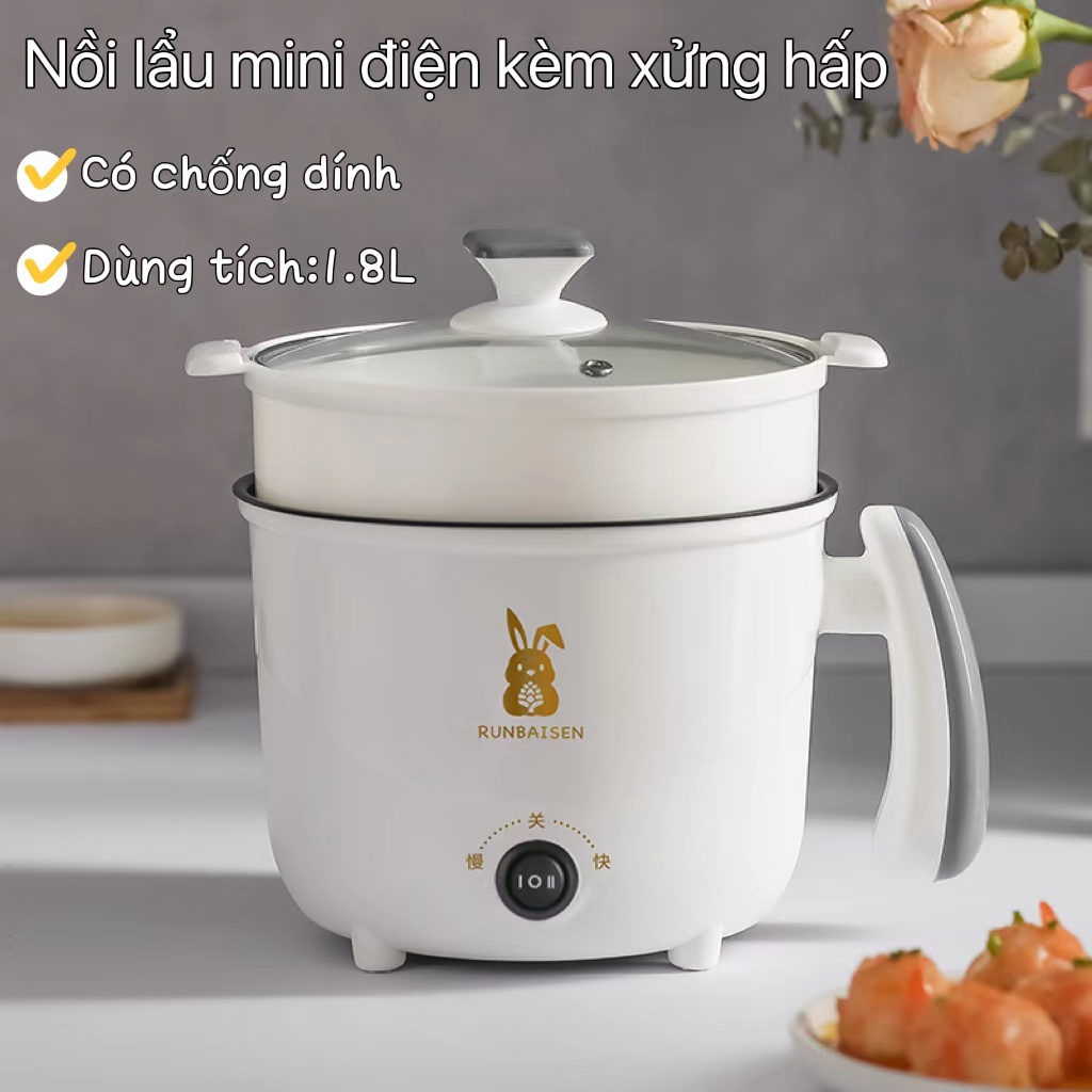 Nồi lẩu điện mini đa năng,Ca Nấu Mì, lẩu,chiên,rán,hấp,Kèm xửng hấp,có chống dính