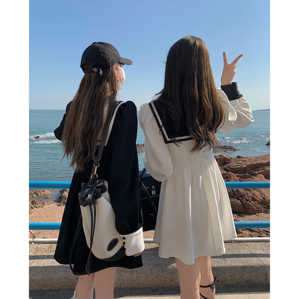 Đầm Babydoll thủy thủ dài tay Váy Trắng đen sơ mi ulzzang công chúa suông đẹp nữ Kozoda D35