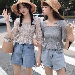 Áo Kiểu Vải Voan Họa Tiết Hoa Tay Phồng Xinh Xắn Dành Cho Nữ