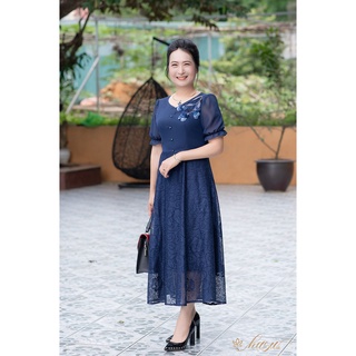 Váy trung niên/ Đầm trung niên - DV18 xanh than chân ren