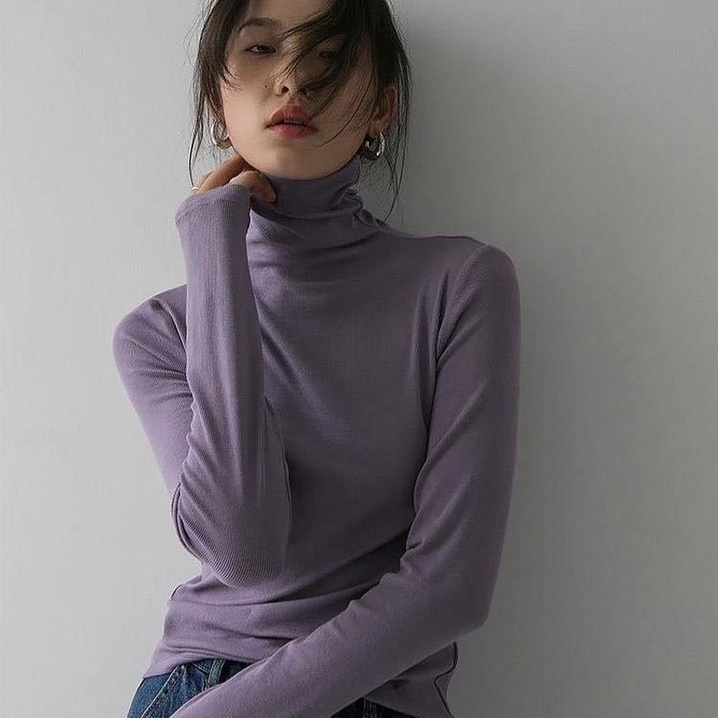 Áo Thun Tay Dài Dáng Ôm Cổ Lọ Màu Trơn Dễ Phối Đồ Thời Trang Cho Nữ