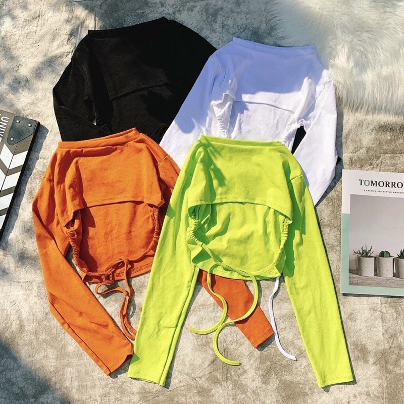 Áo croptop tay dài ôm body , kiểu hở lưng cột nơ cực xinh , chất thun bozip mềm mịn mát kèm mút ngực tiện lợi