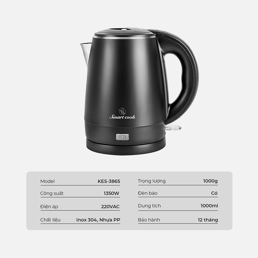 Ấm đun nước siêu tốc Smartcook  KES-3865 1L 1 Lít - Hàng chính hãng