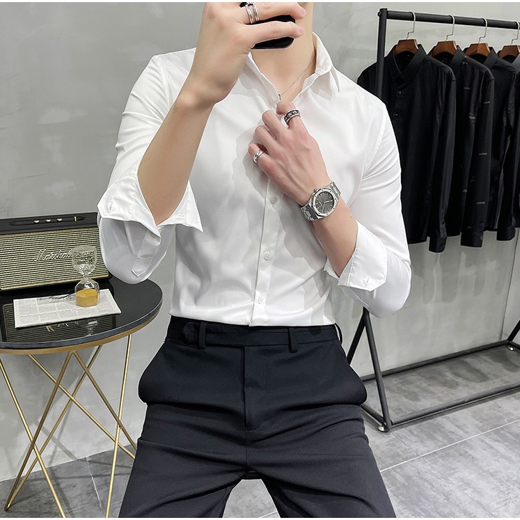 Áo sơ mi nam dài tay Unisex Basic màu trắng và đen, Áo sơ mi vải lụa thái mềm mịn , chống nhăn , chống xù cao cấp