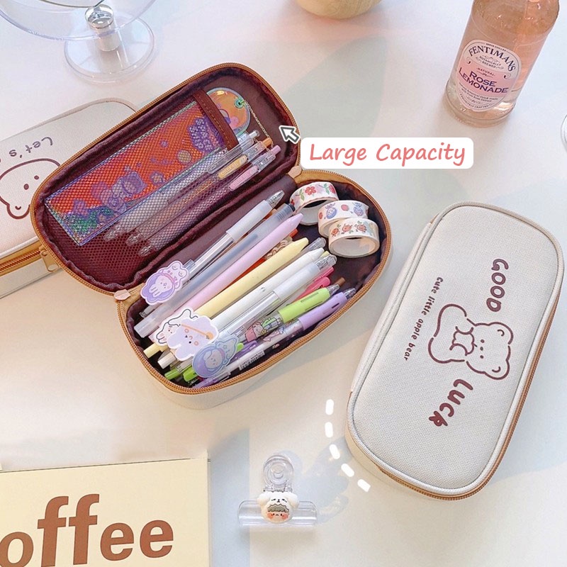 Túi Đựng Bút Vải Canvas Cỡ Lớn In Hoạt Hình Gấu Sáng Tạo Có Khóa Kéo Cho Học Sinh