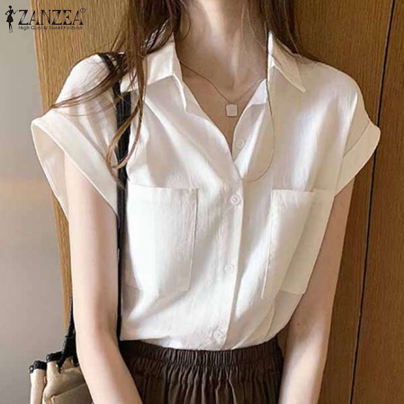 Áo sơ mi ZANZEA tay ngắn cổ bẻ màu trơn phong cách Hàn Quốc đơn giản dễ phối đồ dành cho nữ
