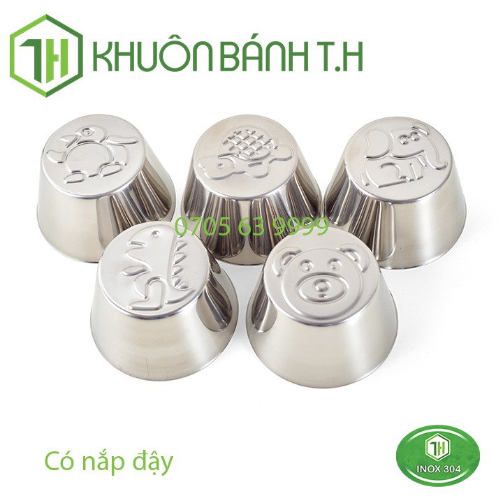 10 Khuôn Làm Bánh Flan, Rau Câu Hình Thú - Inox 304 - Có Nắp