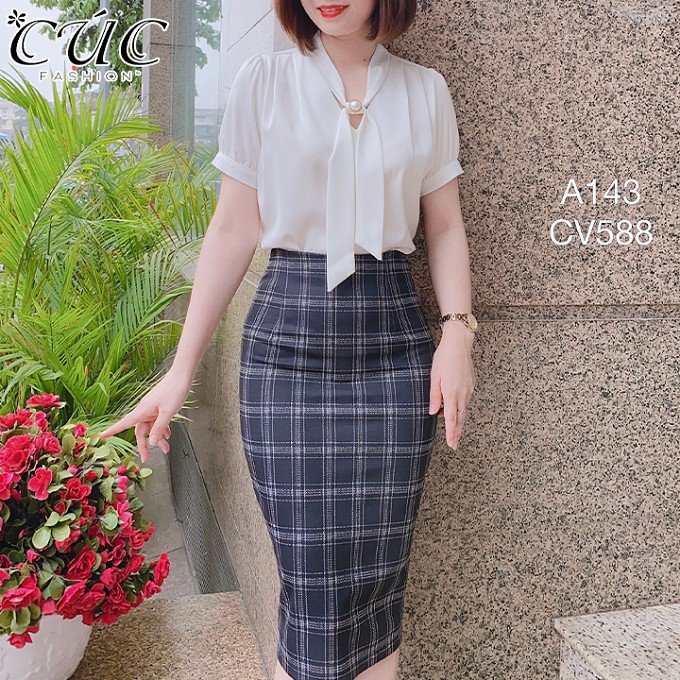 Áo sơ mi nữ Dáng Công Sở cao cấp đẹp Cúc Fashion A143 somi cộc cổ nơ luồn