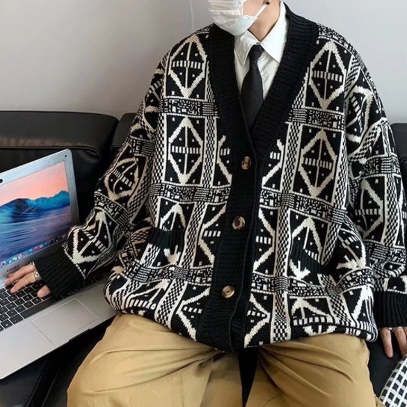 Áo khoác len cardigan sọc caro đen trắng dáng rộng cổ chữ v kiểu retro Hàn Quốc thanh lịch cho Hàn Quốc unisex nam