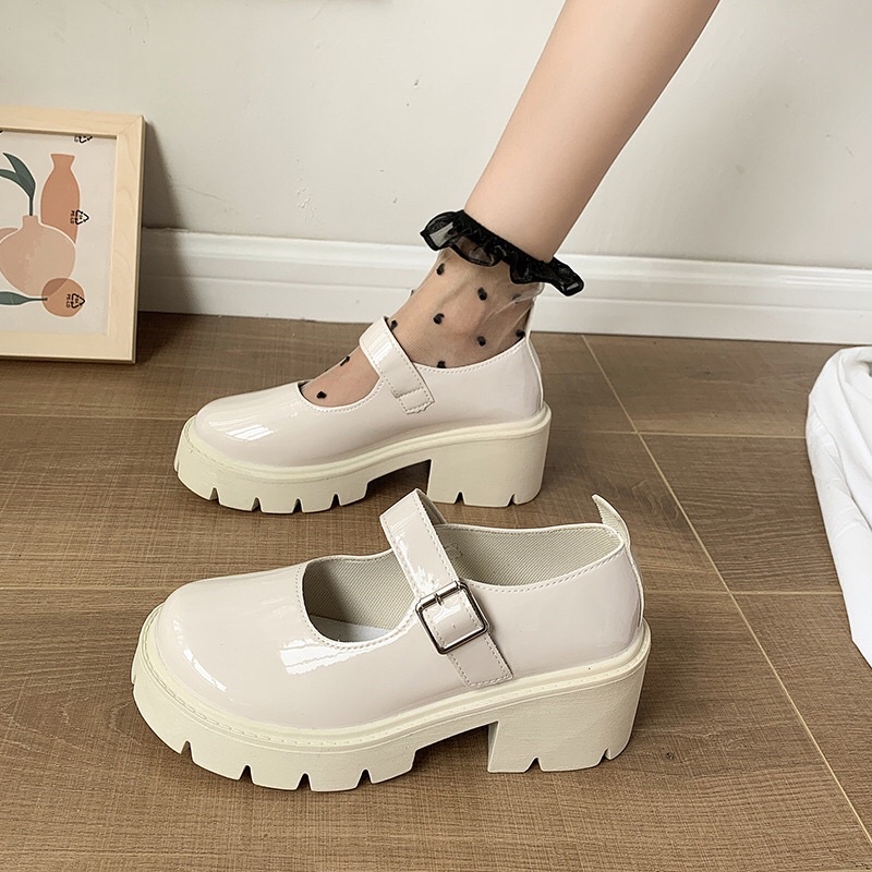 Giày búp bê lolita công chúa đế cao 6cm trắng đen có sẵn