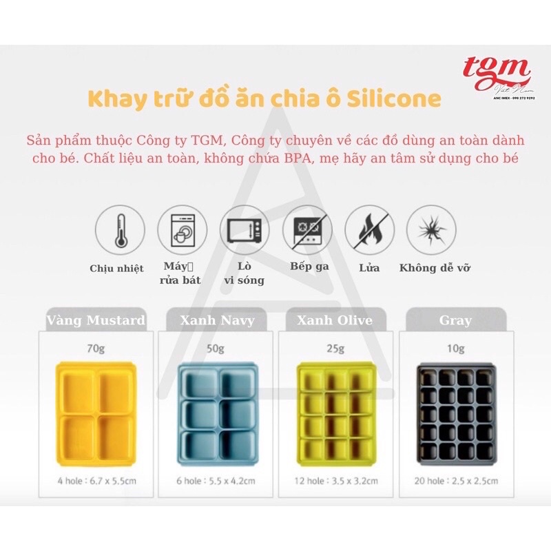 [CHÍNH HÃNG] Khay trữ đồ ăn dặm Silicon TGM Hàn Quốc cao cấp kèm nắp đậy cho bé