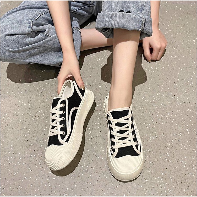 Giày thể thao nữ trắng đế bằng bánh mì basic độn đế cao 3cm vải canvas bata mới hot phong cách ulzzang đẹp cá tính