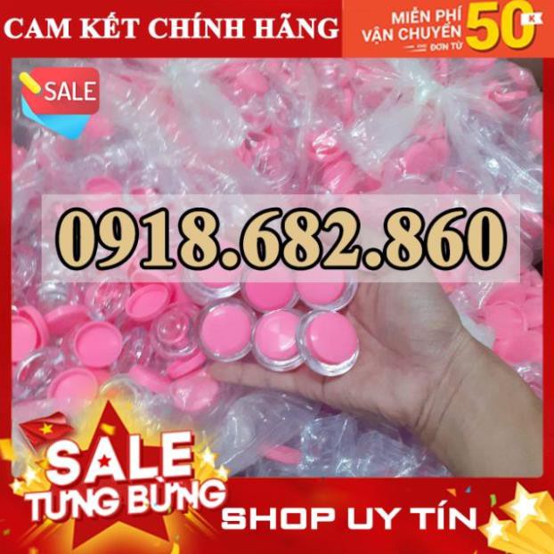 100 hũ đựng mỹ phẩm 3 gram, dạng phi thuyền, hũ trắng trong, nắp hồng, giá 120.000 đồng, sản phẩm không thể thiếu ở spa.