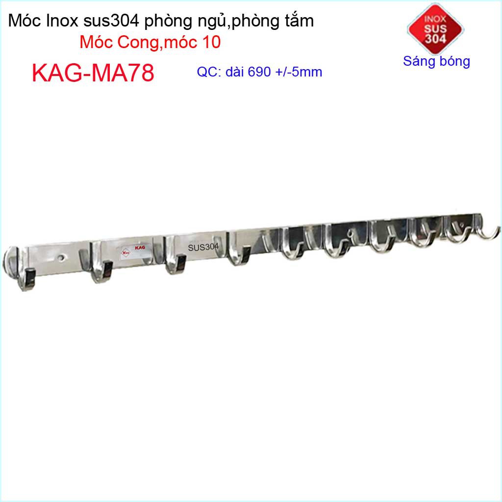 Móc cong treo quần áo inox 304 cao cấp dày, móc Kace 10 móc treo đồ nhà tắm KAG-MA78