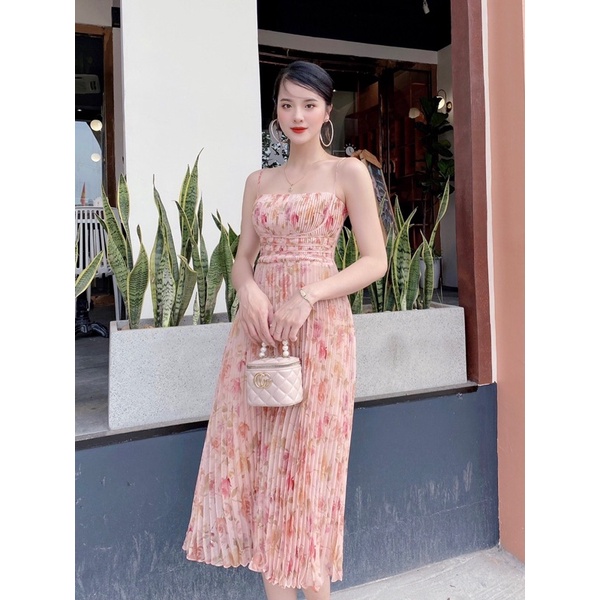 Đầm dập ly hoa nhỏ màu hồng cam nhẹ