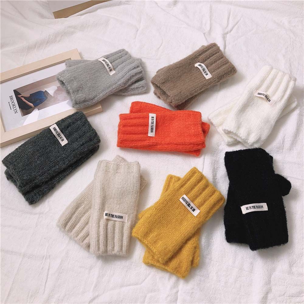 Găng Tay Len Hở Ngón Màu Trơn Dày Dặn Giữ Ấm Dành Cho Nam Nữ