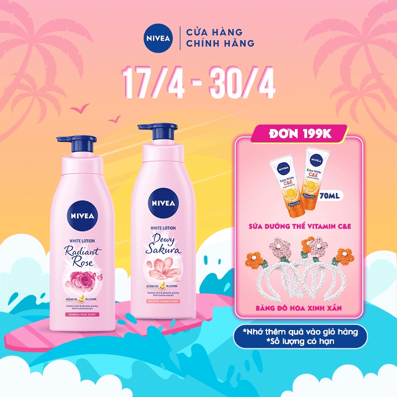 Bộ đôi Sữa dưỡng thể dưỡng trắng NIVEA hương hoa Hồng &amp; Sakura (350ml/chai)