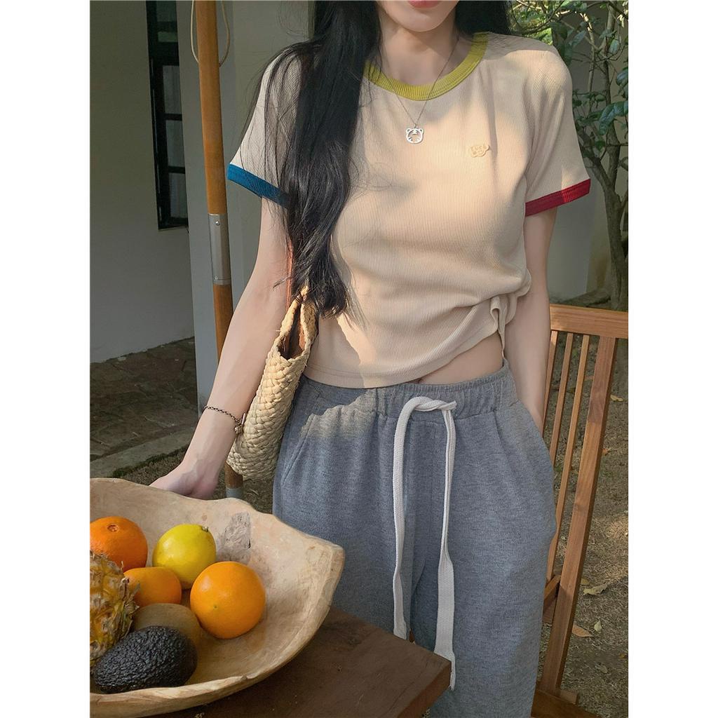 ZHELIHANGFEI Áo Thun Cotton Tay Ngắn Hở Vai Màu Sắc Tương Phản Thời Trang Dành Cho Nữ