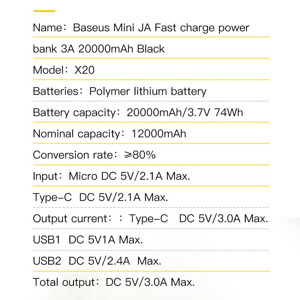 Pin sạc dự phòng Baseus Mini JA X20 20,000mAh lõi Li-Polymer (5V/3A, 2 Port USB, Type-C PD in/Out) - Hàng chính hãng