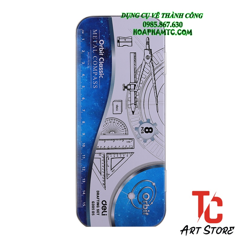 Bộ compa Deli G30505 hộp thiếc ( 3 Thước, bút chì, tẩy, gọt, compa, chuốt)