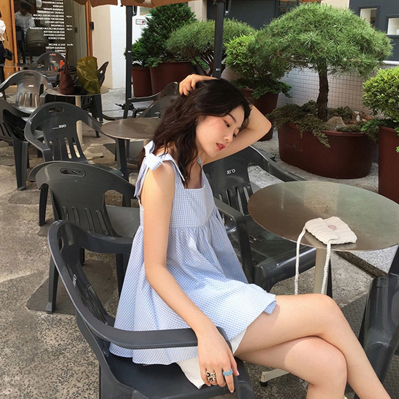 IELGY Áo Hai Dây Ngắn Dáng Suông Kẻ Sọc Caro Thắt Nơ Phong Cách Hàn Quốc Cho Nữ