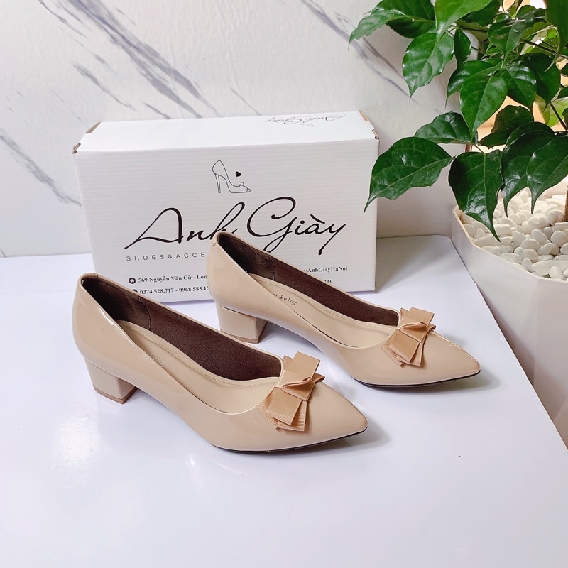 CG23 - Giày da bóng mũi nhọn gót vuông 3p nơ lụa cực xinh hàng VNXK
