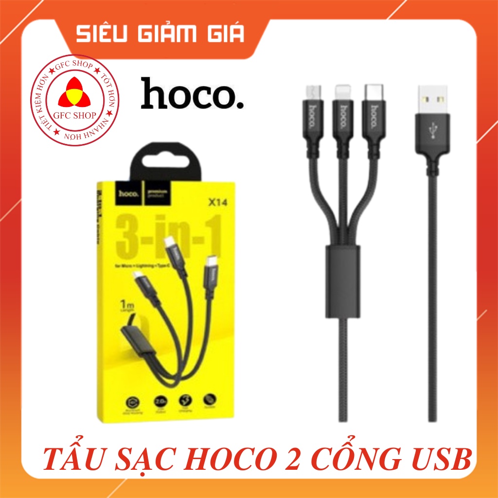 Cáp sạc 3 đầu Hoco X14 USB to Lightning + Micro + Type-C dài 1m, dây bện dù bền bỉ