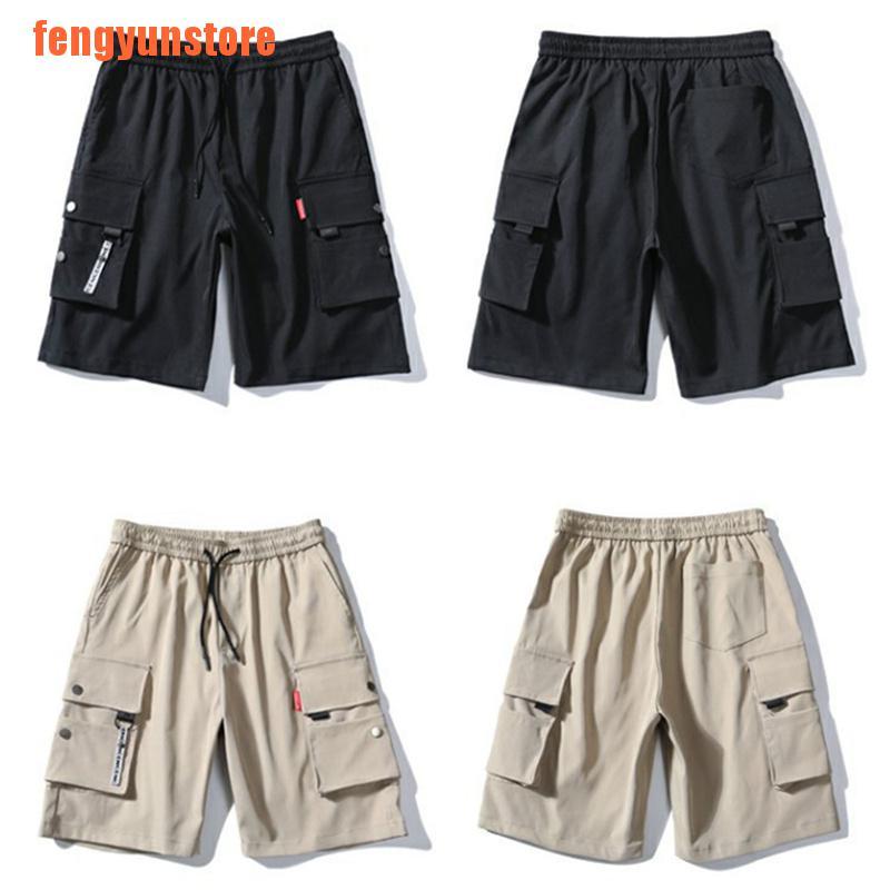 【pen】Mens Shorts Bermuda Cargo Multi-Pocket Pants Elastic Waist Knee Length Sho