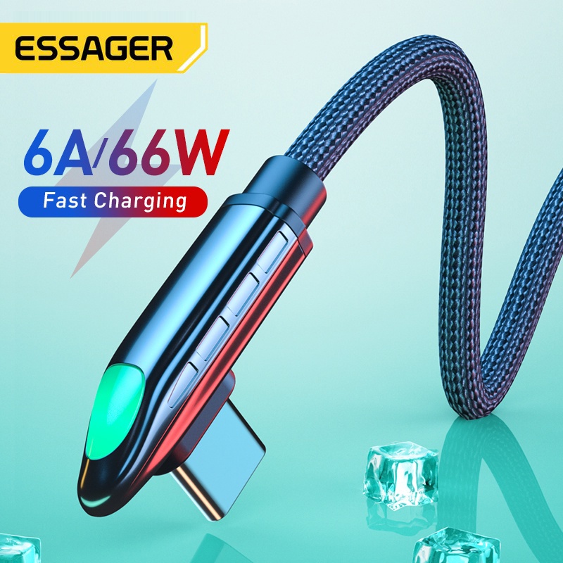 Dây Cáp Dữ Liệu Essager 6A 66W USB Type C USBC 90 Độ Sạc Nhanh 5A Có Đèn LED