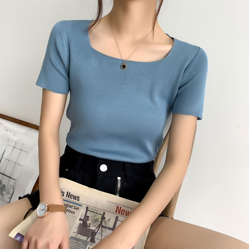 Áo Thun Dệt Kim Tay Ngắn Cổ Vuông Màu Sắc Đơn Giản Thời Trang Cho Nữ